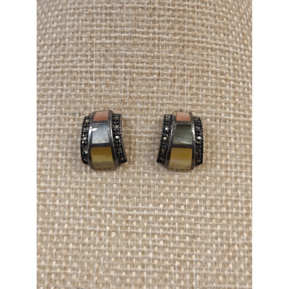 Vintage‎ Sterling Silver Mother of Pearl, Marcasite Half Hoop Post Earrings